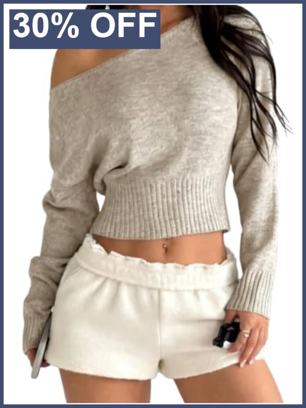Cropped Off Shoulder One-Shoulder Fuzzy Knit Sweater Women's Long Sleeve Top